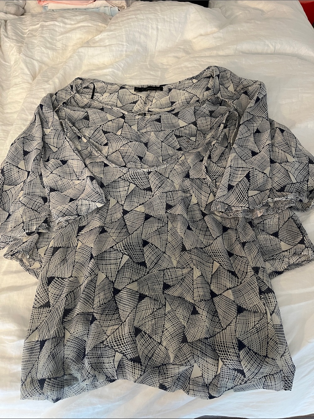 2 Piece Navy & White Printed Blouse - Lightweight Layered Top (blouse and tank)